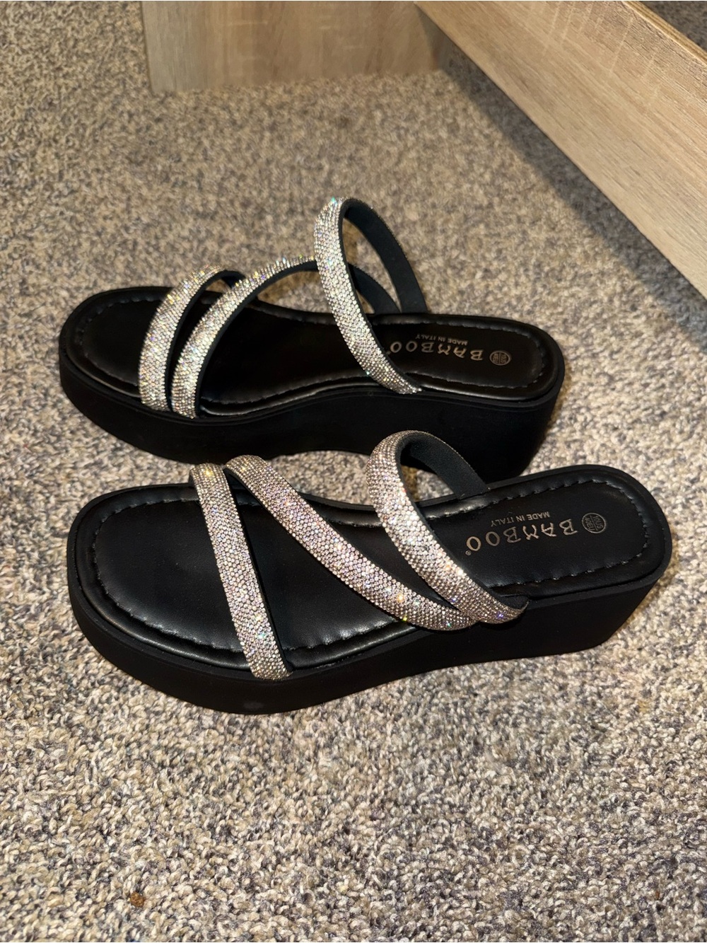 NWOB Bamboo Black Platform Sandals with Sparkling Silver Straps